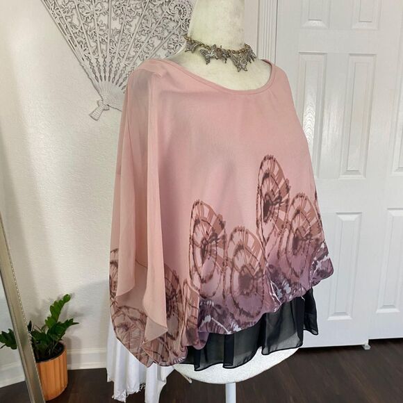Milano Pink Black Tie Dye Swirl Whimsygoth Bat Sleeve Shawl Top Blouse L - Picture 4 of 6
